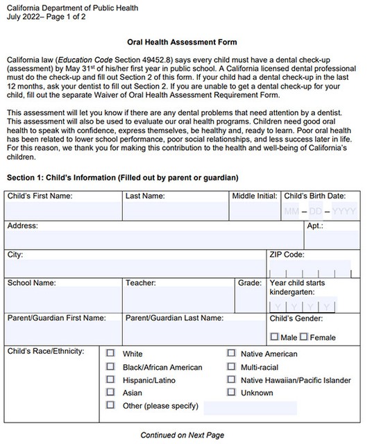 Kindergarten Oral Health Assessment Form Preview